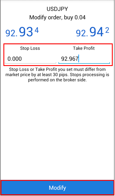 Specify stop loss and take profit Update Trade details