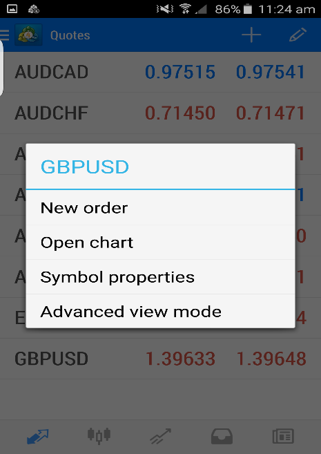 Select New Order to begin a trade Currency pair menu options