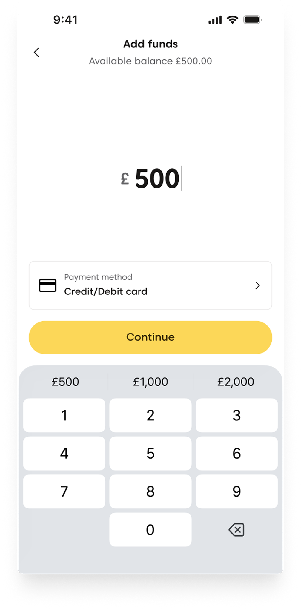 Add funds screen