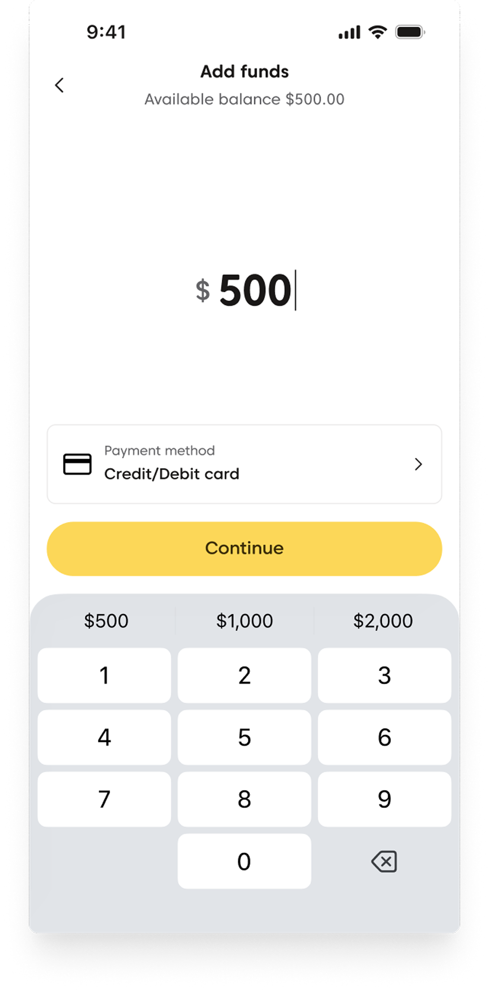 Add funds screen